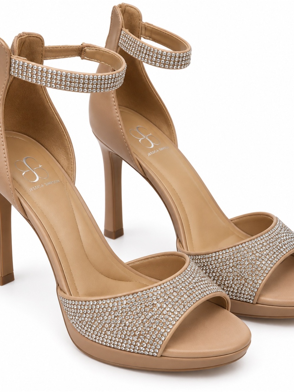 Jessica Simpson Tan Rhinestone Ankle-Strap Platform Heels